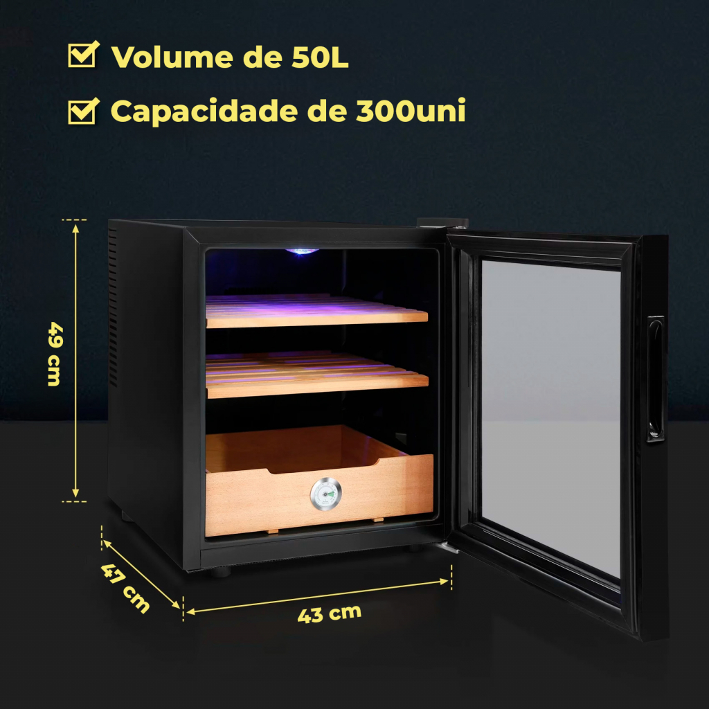 Dimensões, volume de 50 litros e capacidade indicada do produto